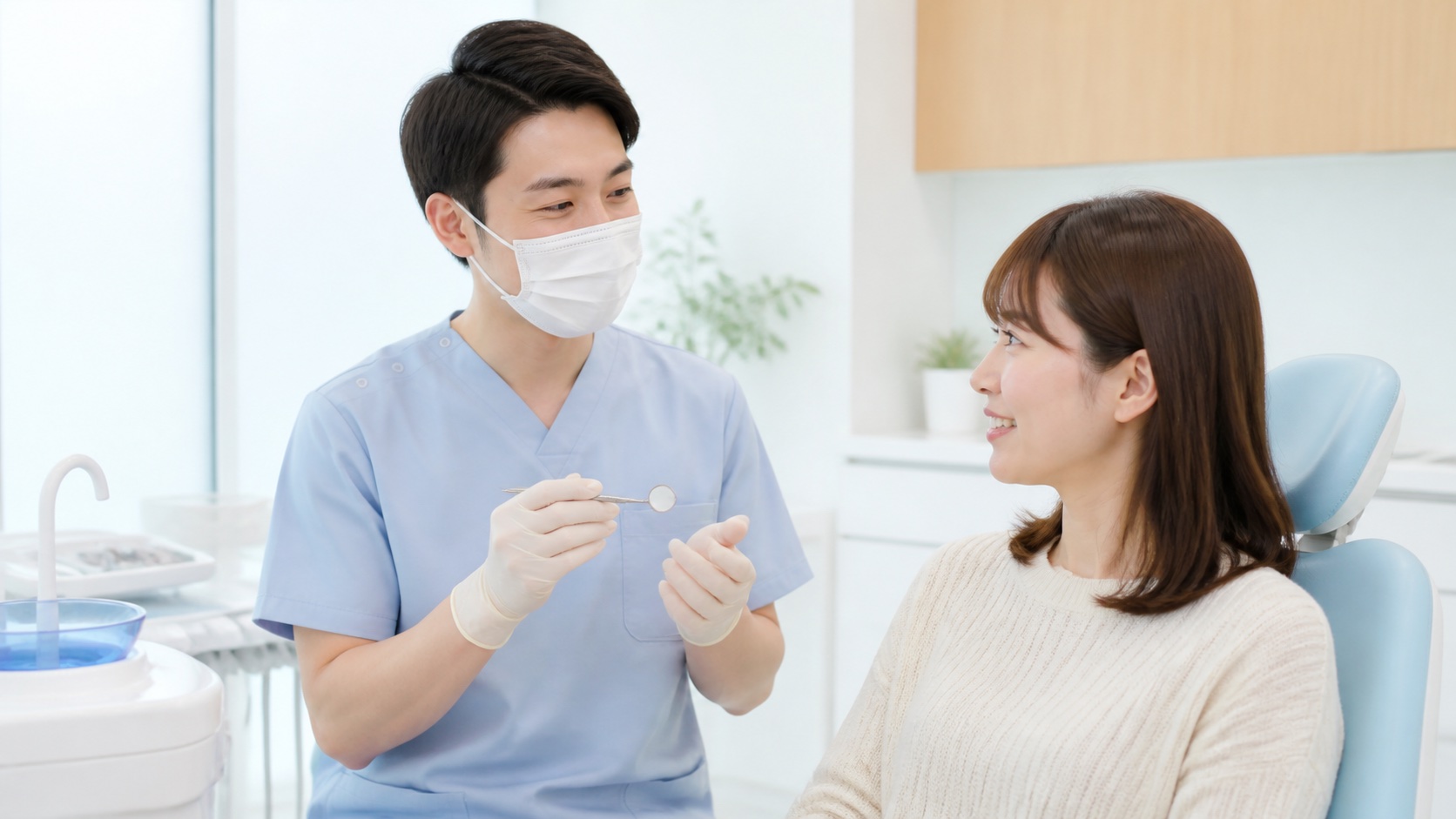 診療ユニットの横で、歯科医師がミラーを手に患者へ説明している様子